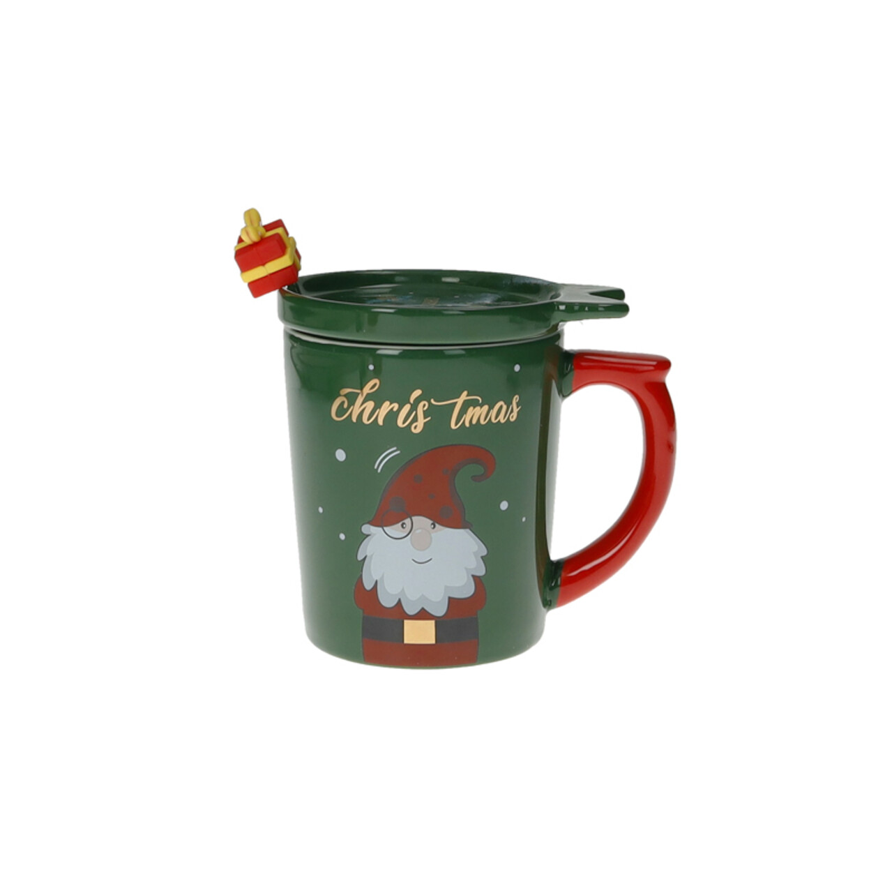 Cana cu capac si lingurita, Gift Green Gold, Brandani, 9x11 cm, portelan New Bone China - imagine 3